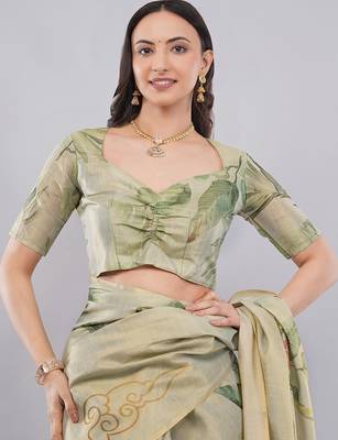 Lime polyester printed saree with blouse 3