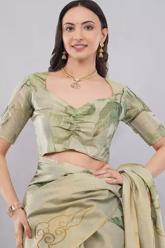 Lime polyester printed saree with blouse