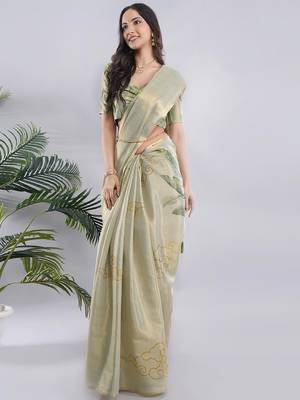Lime polyester printed saree with blouse 4