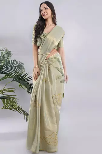 Lime polyester printed saree with blouse