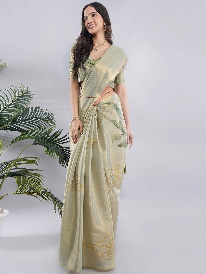 Lime polyester printed saree with blouse