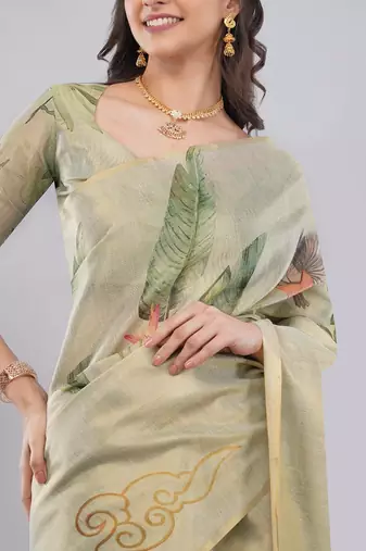 Lime polyester printed saree with blouse