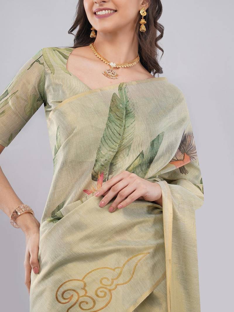 Lime polyester printed saree with blouse