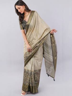 Cream polyester woven design saree with blouse 1