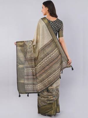 Cream polyester woven design saree with blouse 4