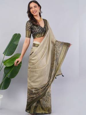 Cream polyester woven design saree with blouse 5