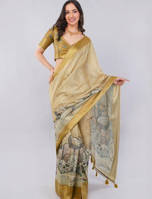 Beige polyester printed saree with blouse 1
