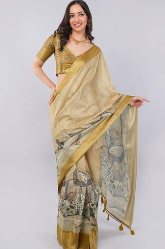 Beige polyester printed saree with blouse
