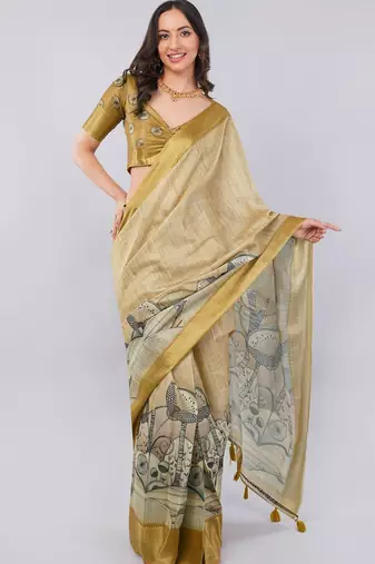 Beige polyester printed saree with blouse
