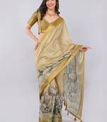 Beige polyester printed saree with blouse
