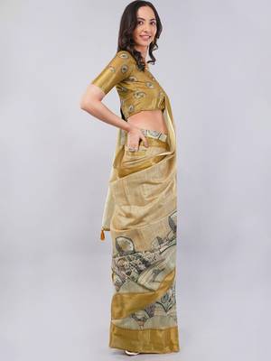 Beige polyester printed saree with blouse 2