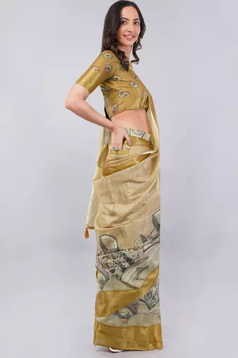 Beige polyester printed saree with blouse
