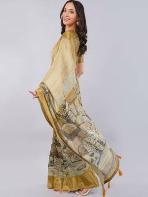 Beige polyester printed saree with blouse 3