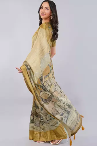 Beige polyester printed saree with blouse