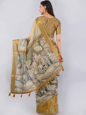 Beige polyester printed saree with blouse 4
