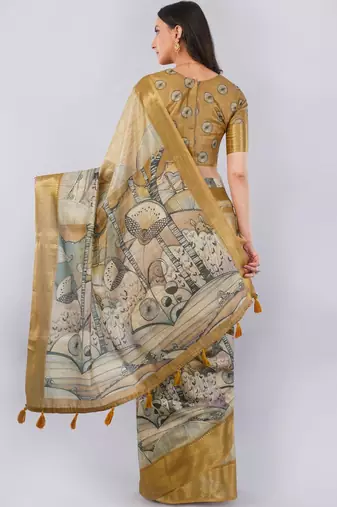 Beige polyester printed saree with blouse