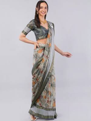 Grey polyester printed saree with blouse 1