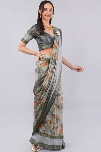 Grey polyester printed saree with blouse