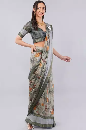 Grey polyester printed saree with blouse