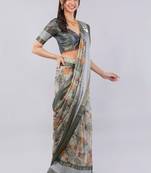 Grey polyester printed saree with blouse