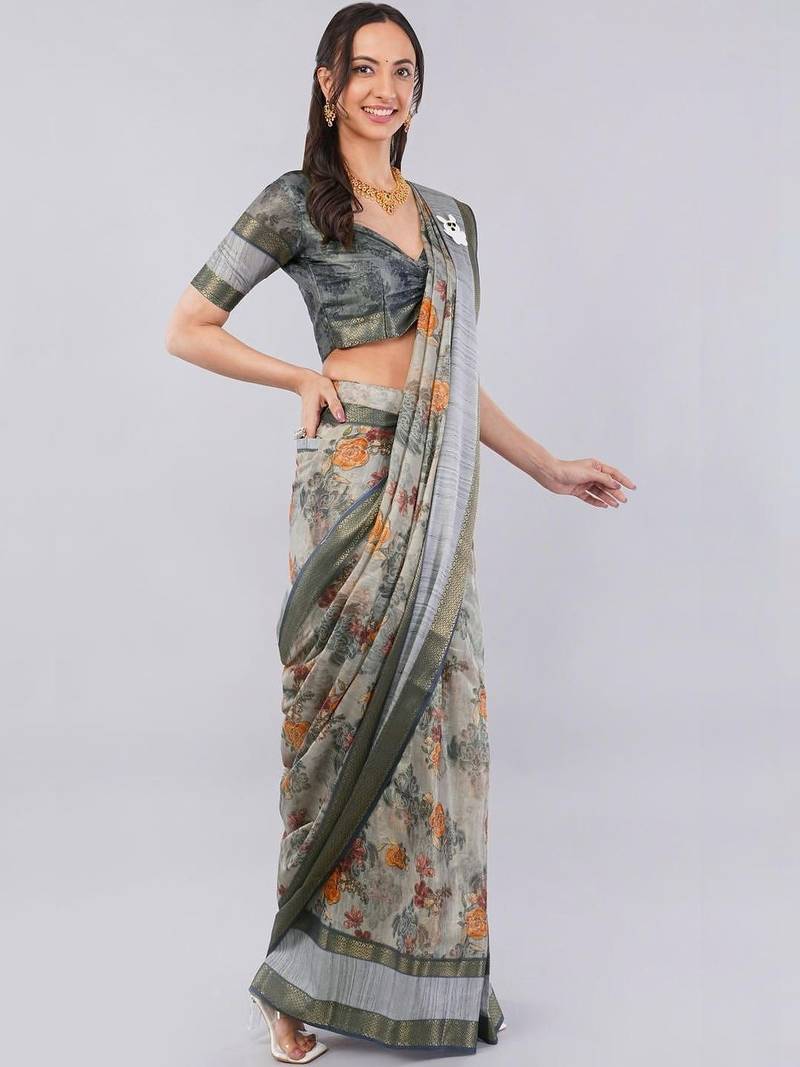Grey polyester printed saree with blouse
