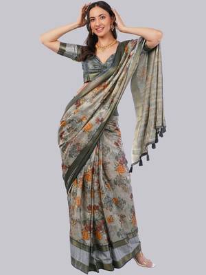 Grey polyester printed saree with blouse 2