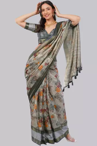 Grey polyester printed saree with blouse