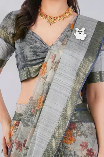 Grey polyester printed saree with blouse