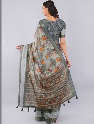 Grey polyester printed saree with blouse 5