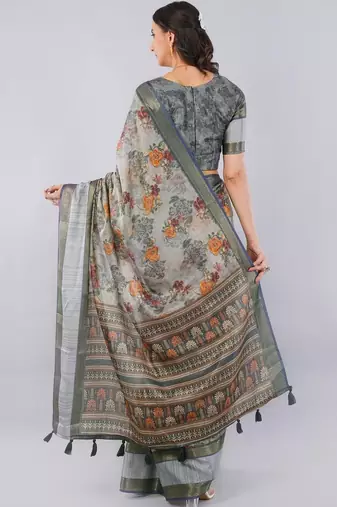 Grey polyester printed saree with blouse
