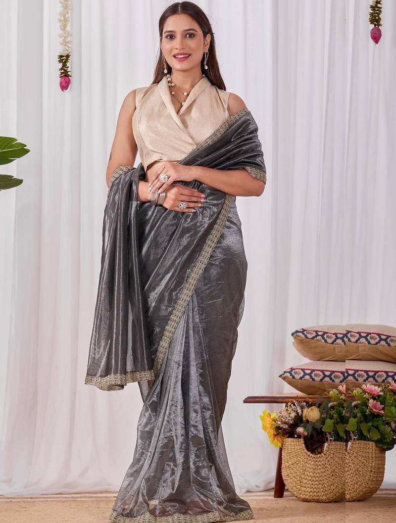 Charcoal shimmer solid saree with blouse