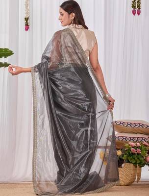 Charcoal shimmer solid saree with blouse 4