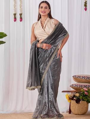 Charcoal shimmer solid saree with blouse 5