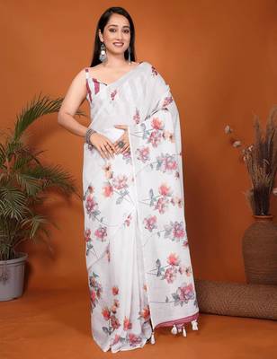White linen printed saree with blouse 1