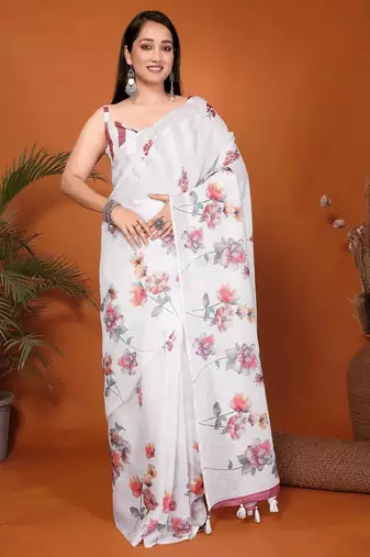 White linen printed saree with blouse