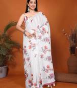 White linen printed saree with blouse
