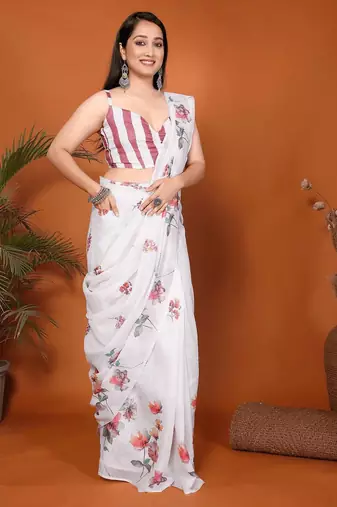 White linen printed saree with blouse