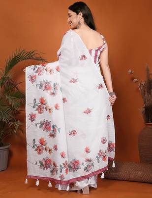 White linen printed saree with blouse 3