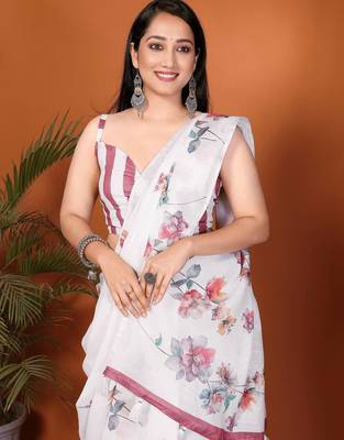 White linen printed saree with blouse 4
