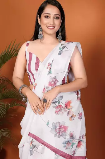White linen printed saree with blouse