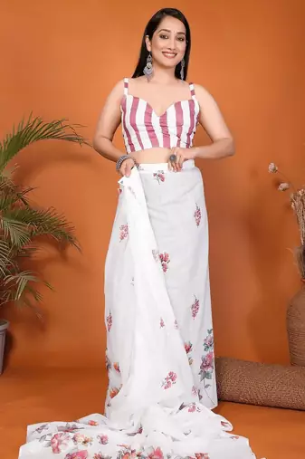 White linen printed saree with blouse