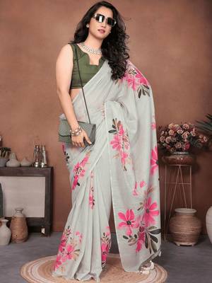 Off white linen printed saree with blouse 1