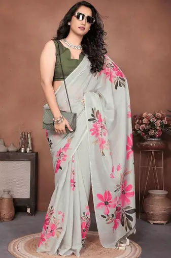 Off white linen printed saree with blouse