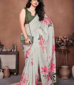 Off white linen printed saree with blouse