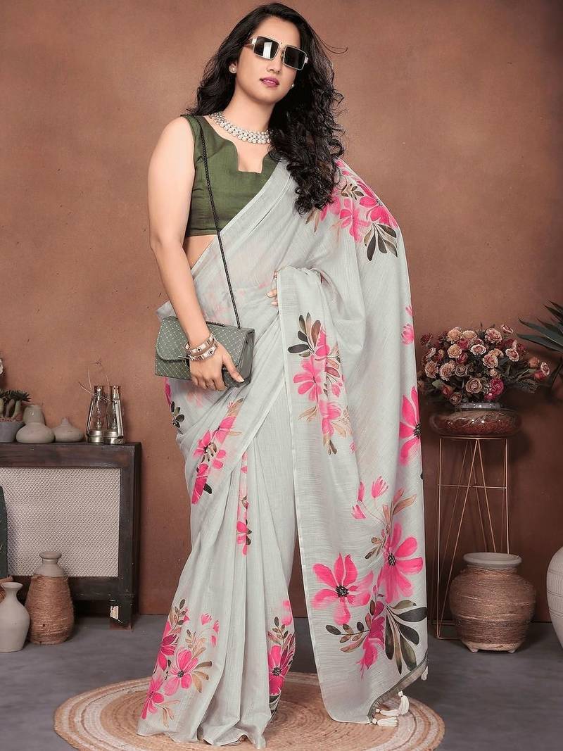 Off white linen printed saree with blouse