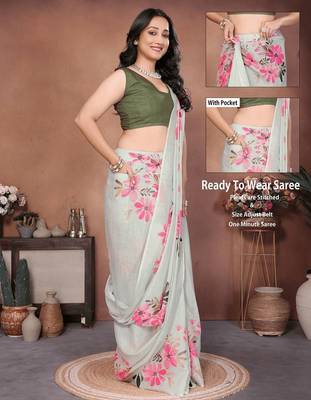 Off white linen printed saree with blouse 2