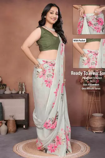 Off white linen printed saree with blouse