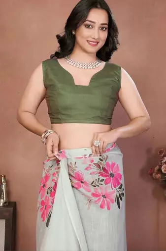 Off white linen printed saree with blouse