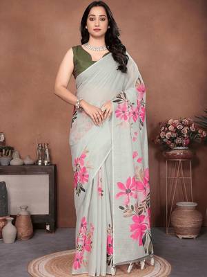 Off white linen printed saree with blouse 5