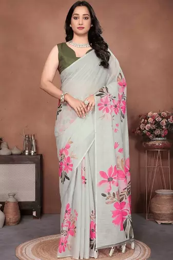 Off white linen printed saree with blouse